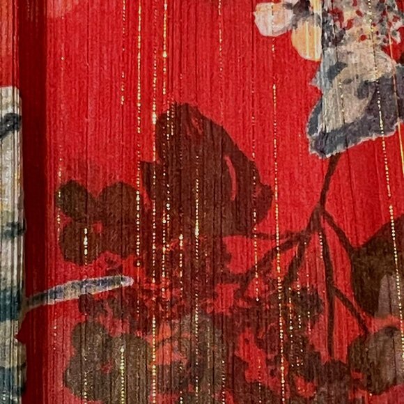 Lauren Conrad Size L Floral Print Boho Blouse Red & Gold Sheer Pleated - Picture 3 of 8